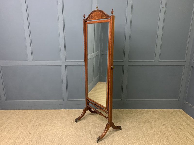 Inlaid Mahogany Sheraton Revival Cheval Mirror