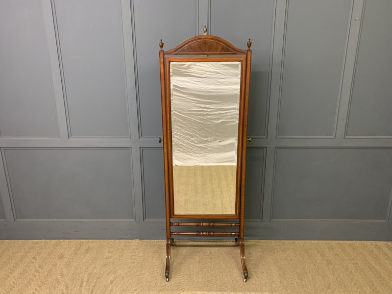 Inlaid Mahogany Sheraton Revival Cheval Mirror
