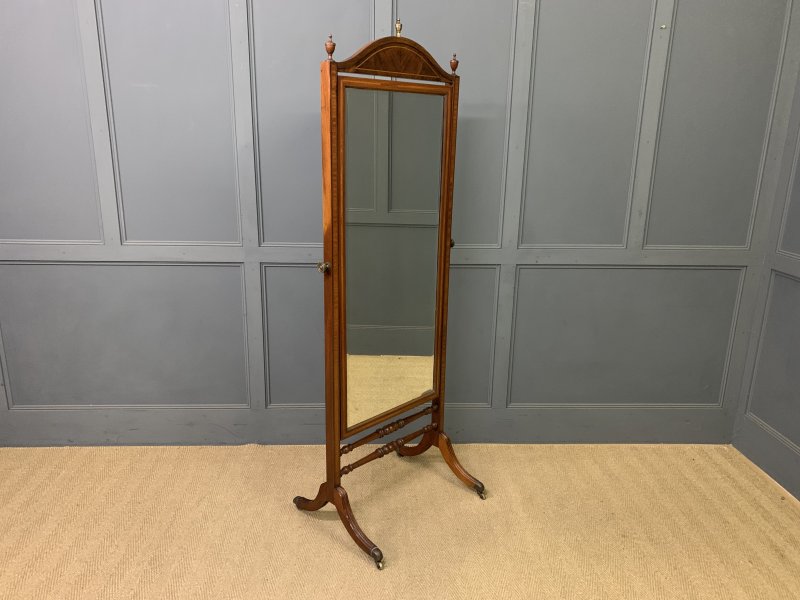 Inlaid Mahogany Sheraton Revival Cheval Mirror