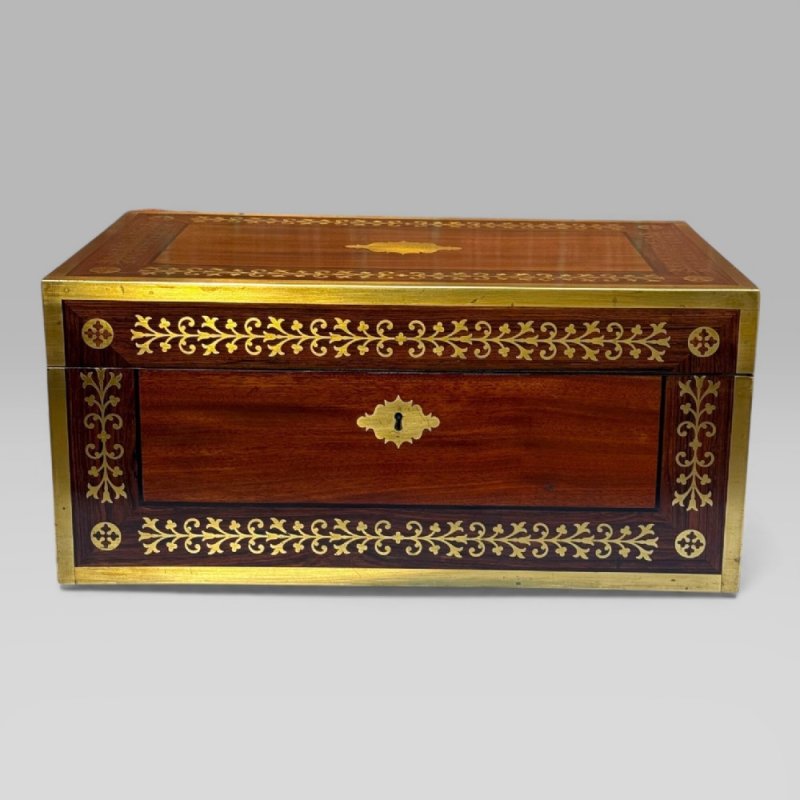 Antique Regency Mahogany & Rosewood Brass Inlaid Campaign Writing Slope Box