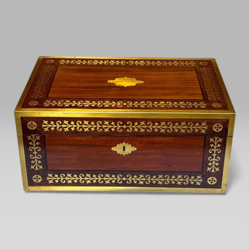 Antique Regency Mahogany & Rosewood Brass Inlaid Campaign Writing Slope Box