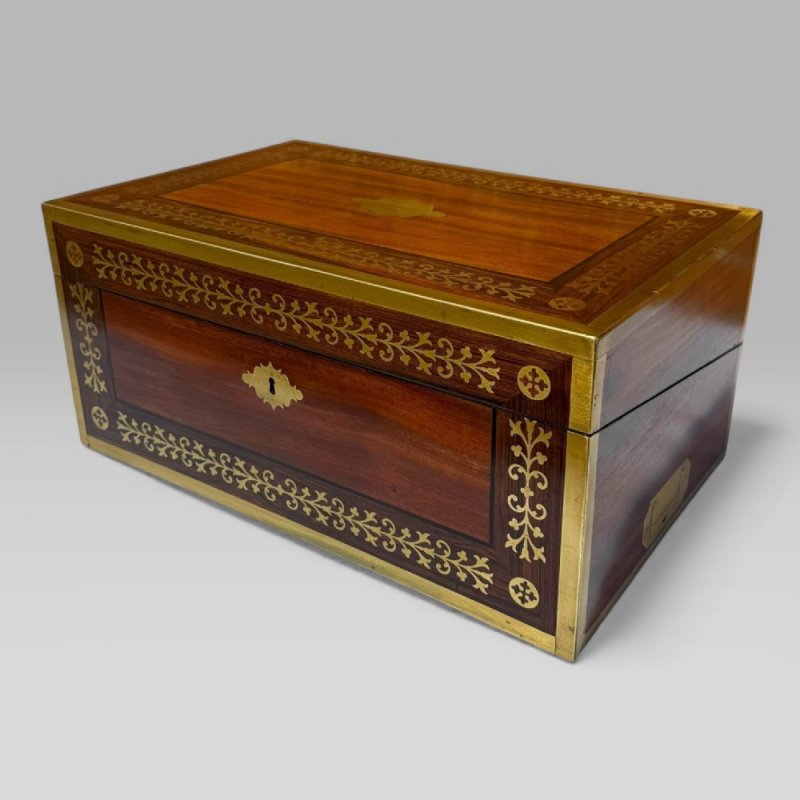 Antique Regency Mahogany & Rosewood Brass Inlaid Campaign Writing Slope Box