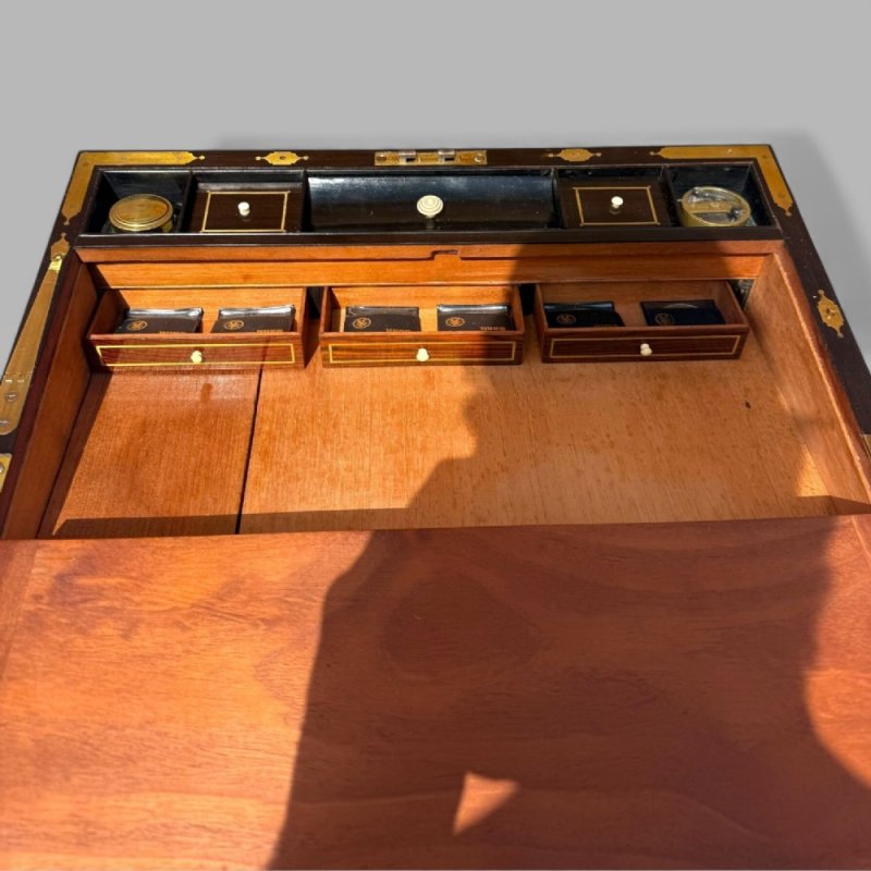 Antique Regency Mahogany & Rosewood Brass Inlaid Campaign Writing Slope Box