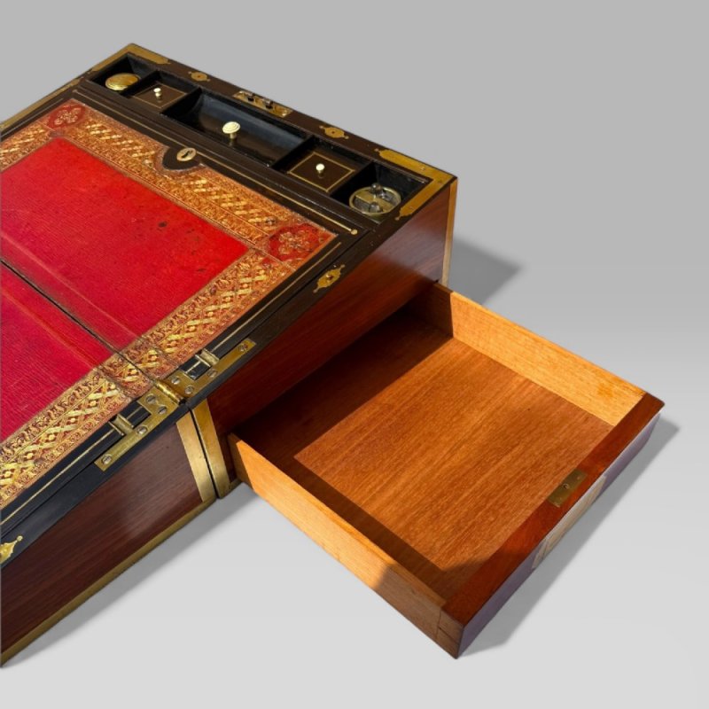 Antique Regency Mahogany & Rosewood Brass Inlaid Campaign Writing Slope Box