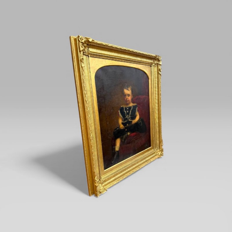 Antique Large 19th Century Oil Painting Young Girl Red Chair Carved Gilt Frame