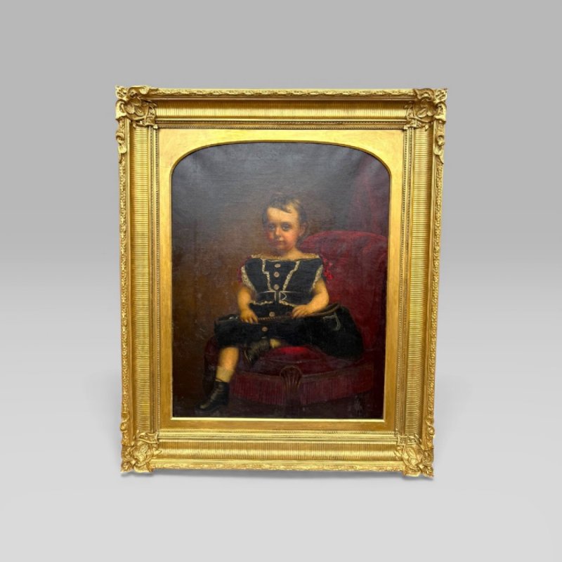 Antique Large 19th Century Oil Painting Young Girl Red Chair Carved Gilt Frame