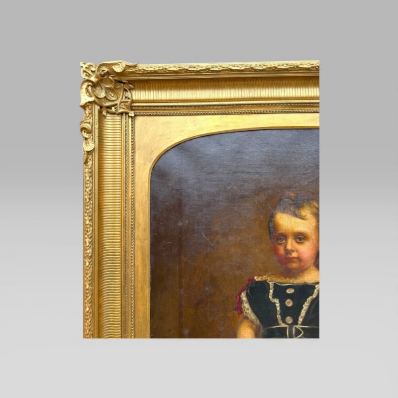 Antique Large 19th Century Oil Painting Young Girl Red Chair Carved Gilt Frame