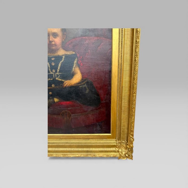 Antique Large 19th Century Oil Painting Young Girl Red Chair Carved Gilt Frame