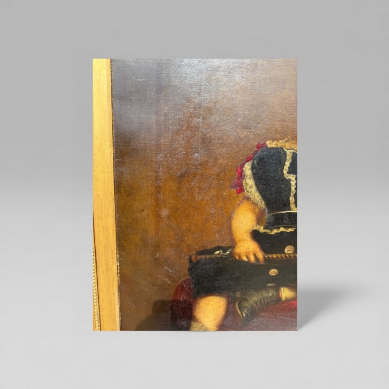 Antique Large 19th Century Oil Painting Young Girl Red Chair Carved Gilt Frame