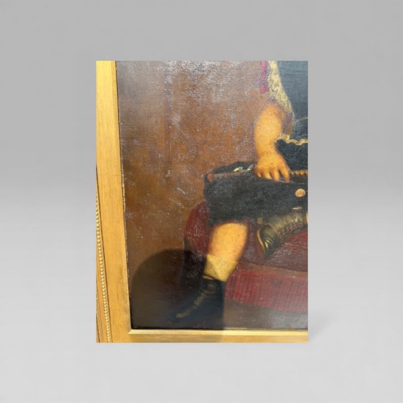 Antique Large 19th Century Oil Painting Young Girl Red Chair Carved Gilt Frame