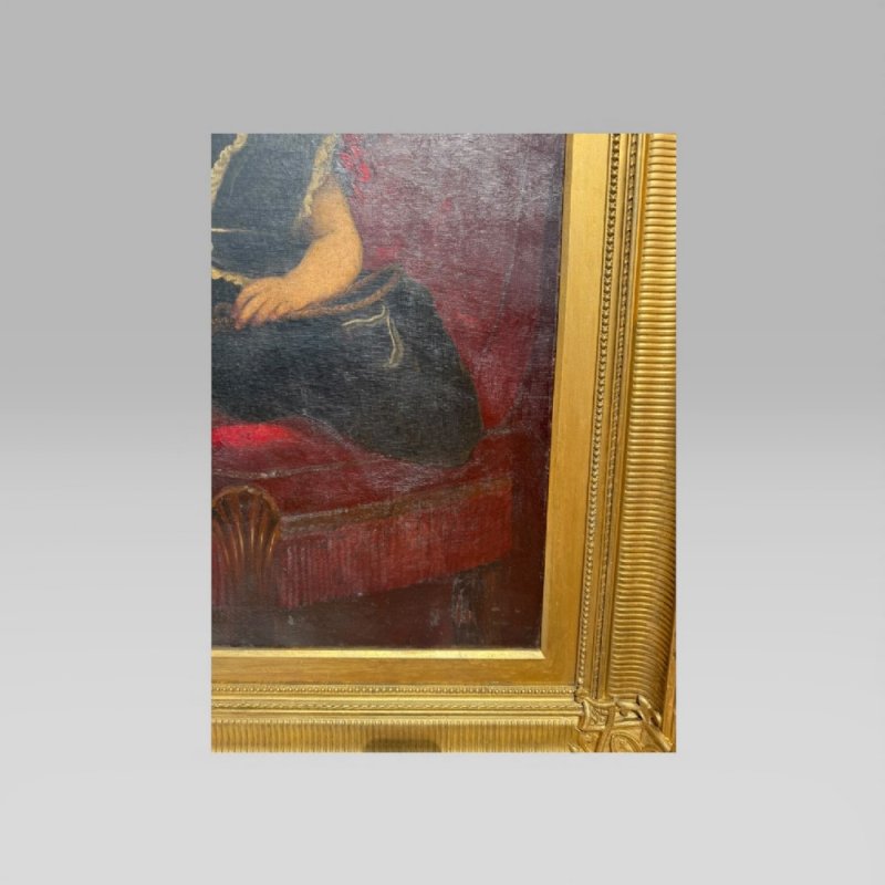 Antique Large 19th Century Oil Painting Young Girl Red Chair Carved Gilt Frame