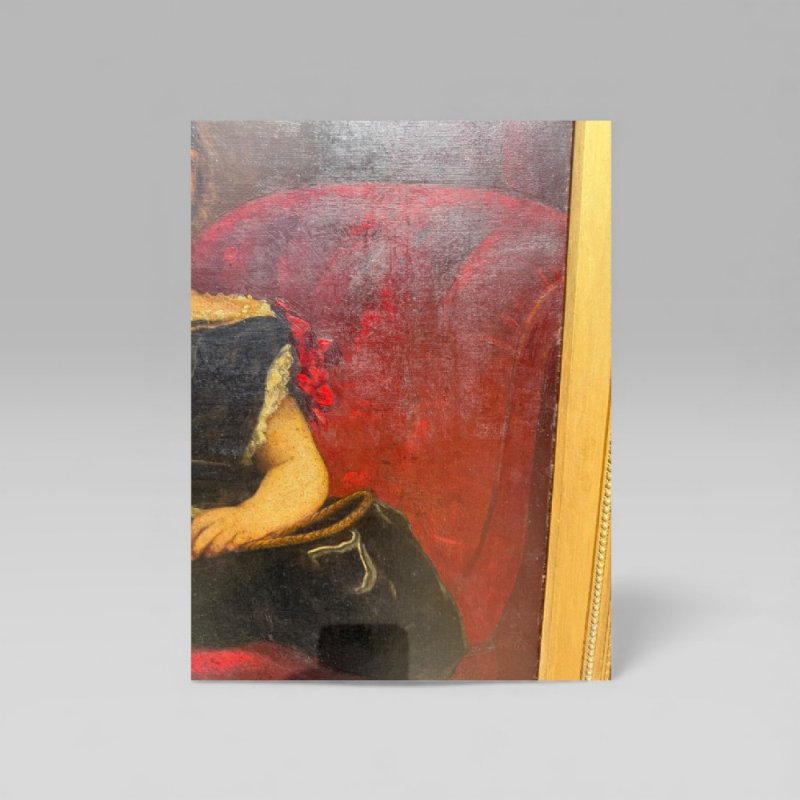 Antique Large 19th Century Oil Painting Young Girl Red Chair Carved Gilt Frame