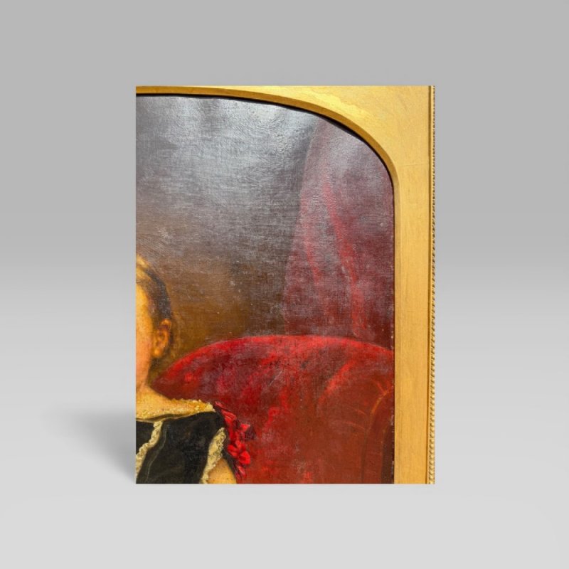 Antique Large 19th Century Oil Painting Young Girl Red Chair Carved Gilt Frame