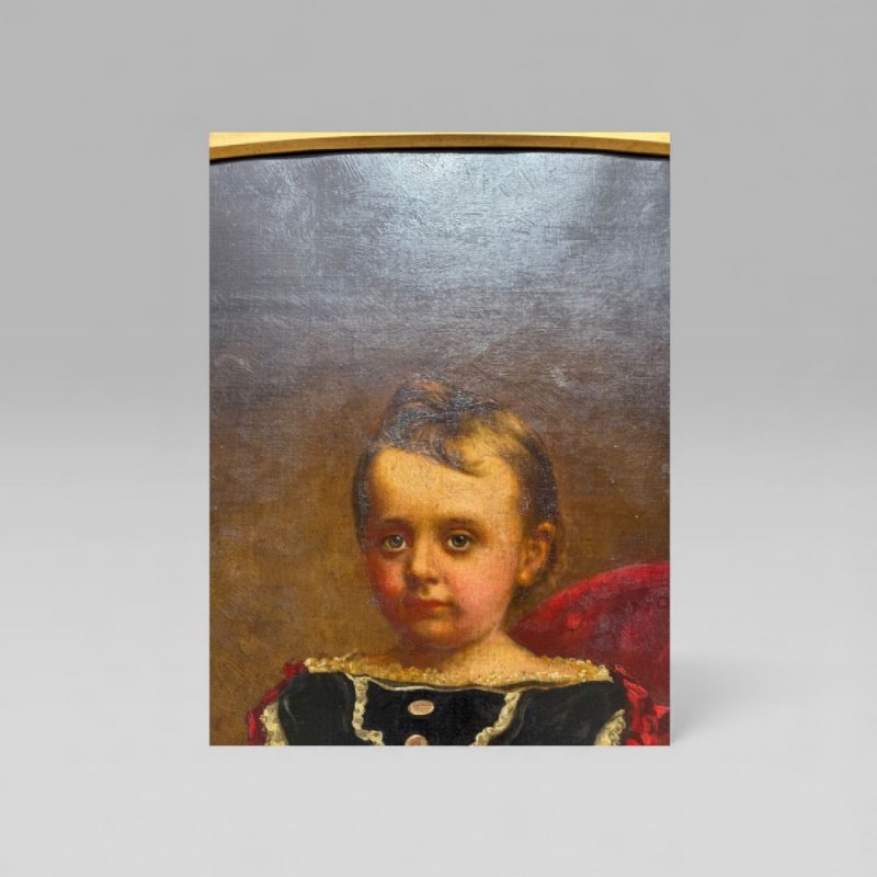 Antique Large 19th Century Oil Painting Young Girl Red Chair Carved Gilt Frame