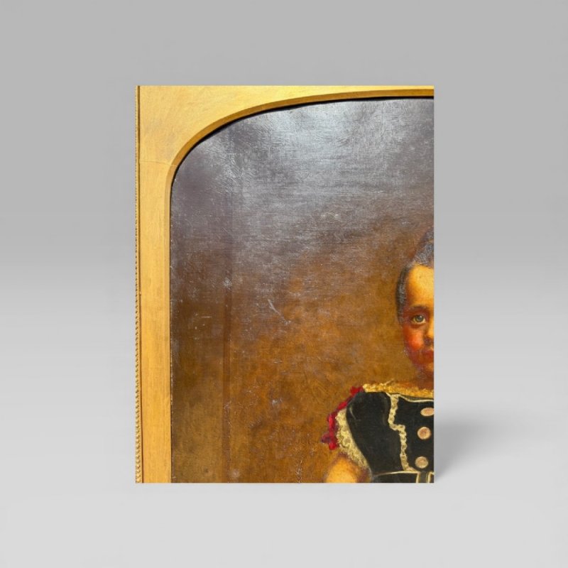 Antique Large 19th Century Oil Painting Young Girl Red Chair Carved Gilt Frame