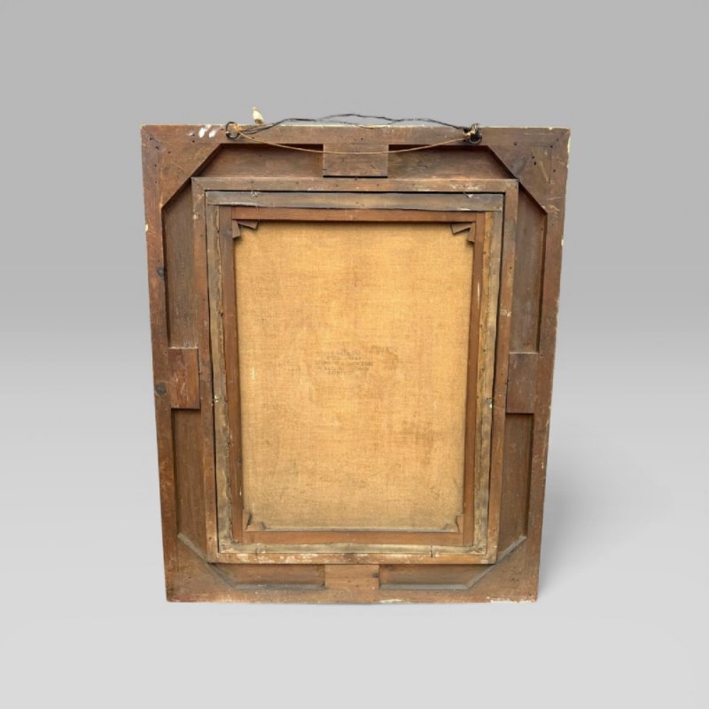 Antique Large 19th Century Oil Painting Young Girl Red Chair Carved Gilt Frame