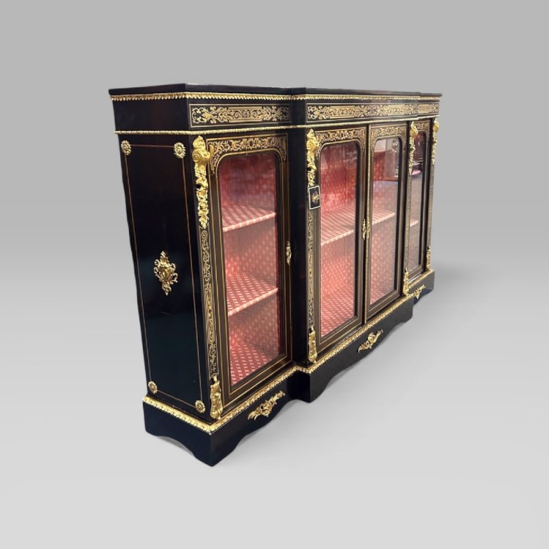 Antique Victorian Ebonised & Brass Inlaid Boulle Breakfront Credenza Sideboard