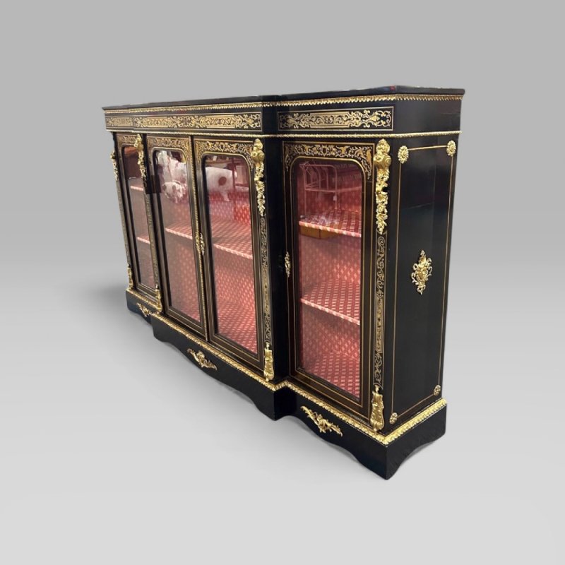 Antique Victorian Ebonised & Brass Inlaid Boulle Breakfront Credenza Sideboard