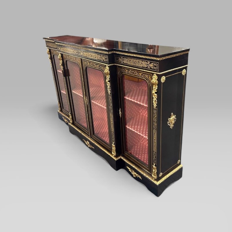 Antique Victorian Ebonised & Brass Inlaid Boulle Breakfront Credenza Sideboard