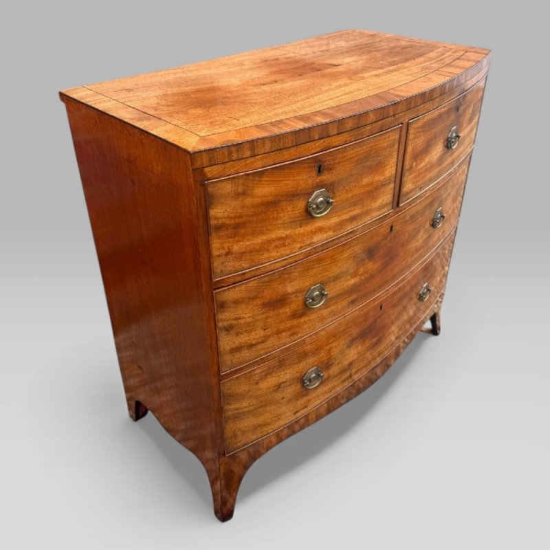 Antique Georgian Mahogany & Ebony Inlaid Bowfront Chest Of Drawers
