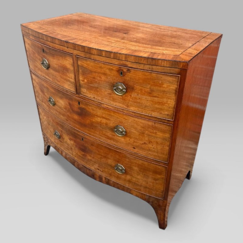 Antique Georgian Mahogany & Ebony Inlaid Bowfront Chest Of Drawers