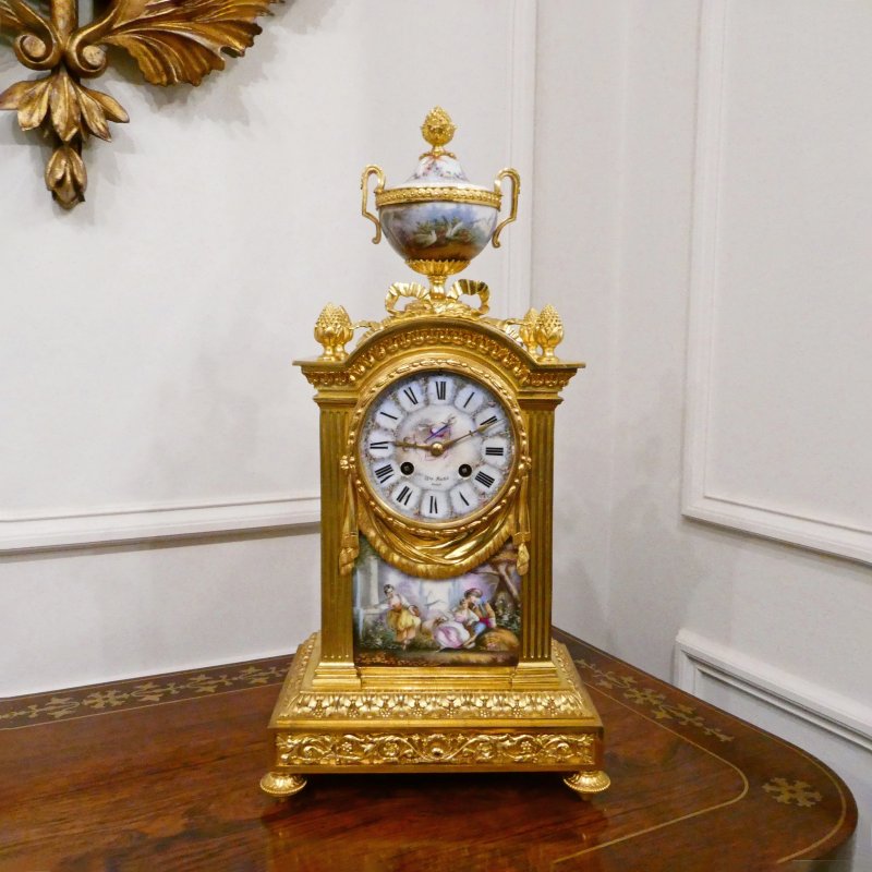 French Louis XVI Style Gilt Bronze & Porcelain Mantel Clock by Japy Freres