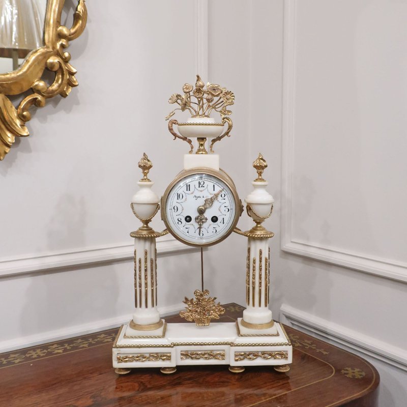 French Louis XVI Style White Marble Mantel Clock
