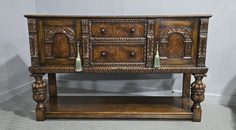 Superb Oak and Burr Walnut Elizabethan Sideboard - Image 2