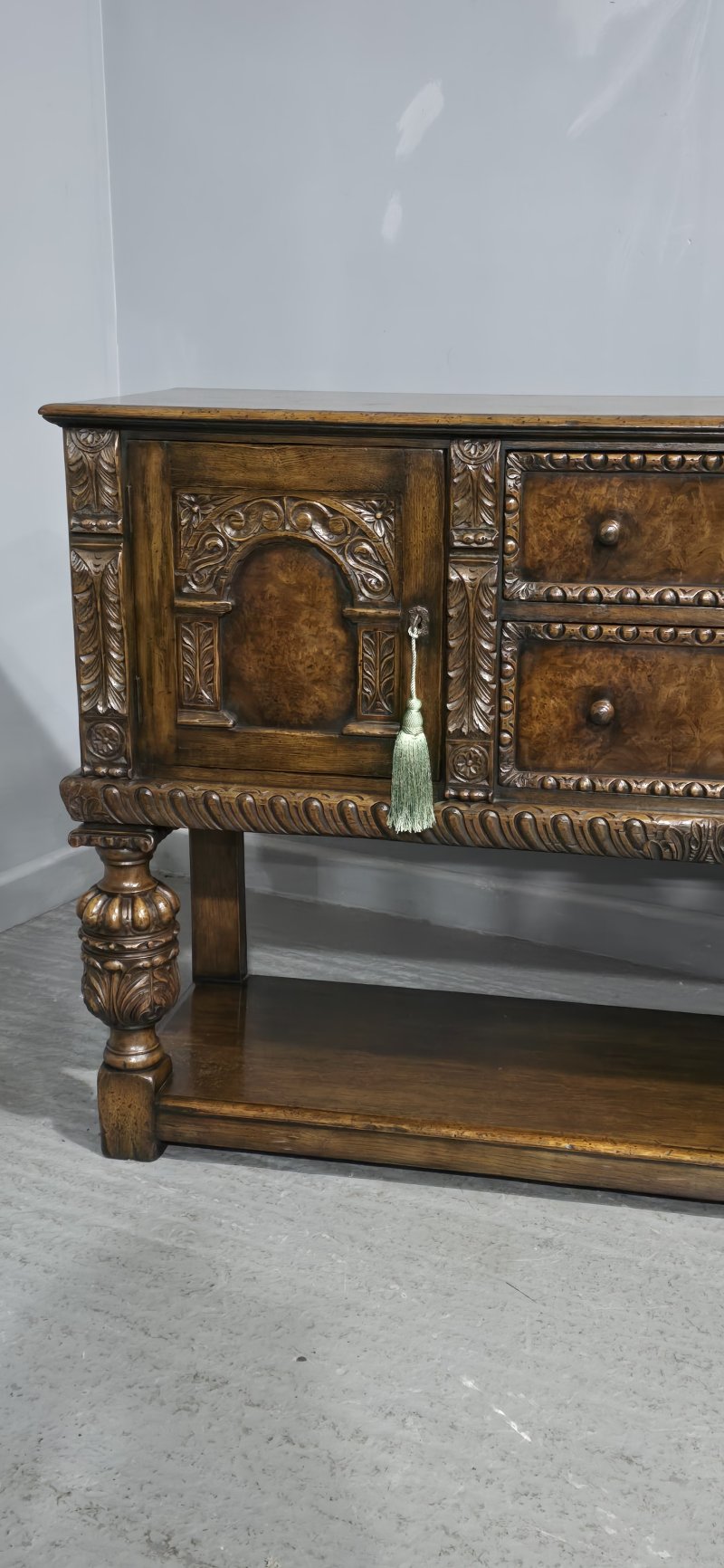 Superb Oak and Burr Walnut Elizabethan Sideboard - Image 6