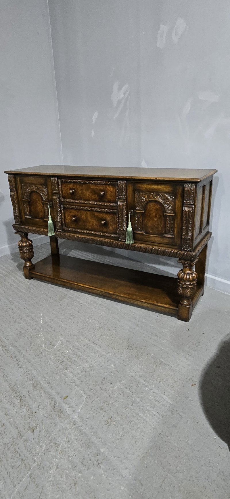 Superb Oak and Burr Walnut Elizabethan Sideboard - Image 10