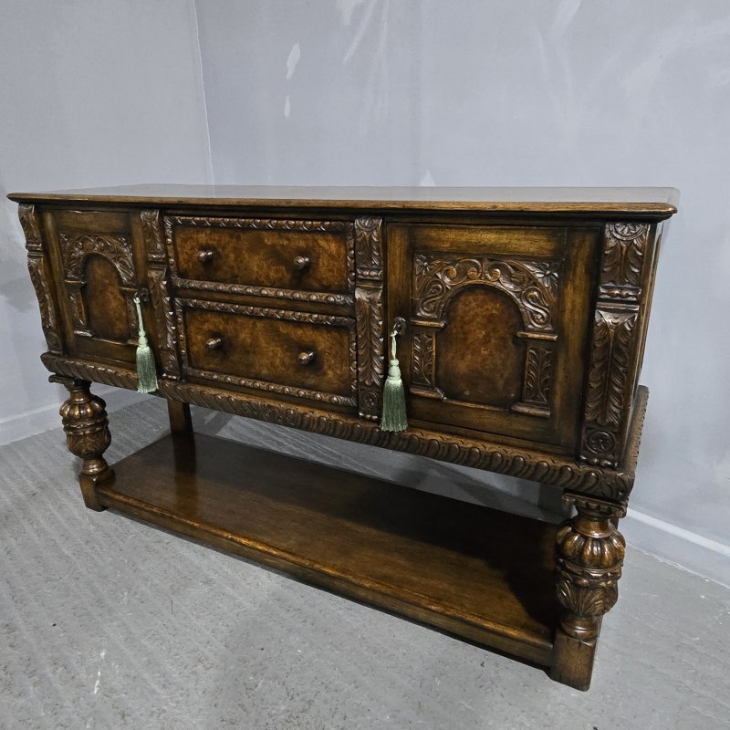 Superb Oak and Burr Walnut Elizabethan Sideboard - Image 11
