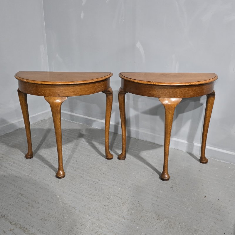 Pair Oak Demi Lune ConsoleTables - Image 2