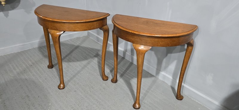 Pair Oak Demi Lune ConsoleTables - Image 3