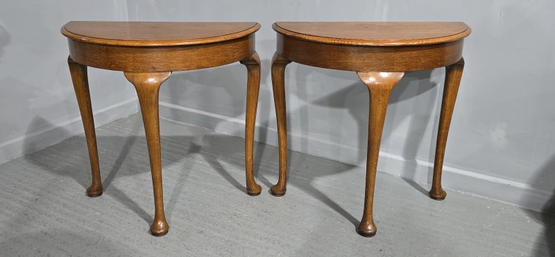 Pair Oak Demi Lune ConsoleTables - Image 4