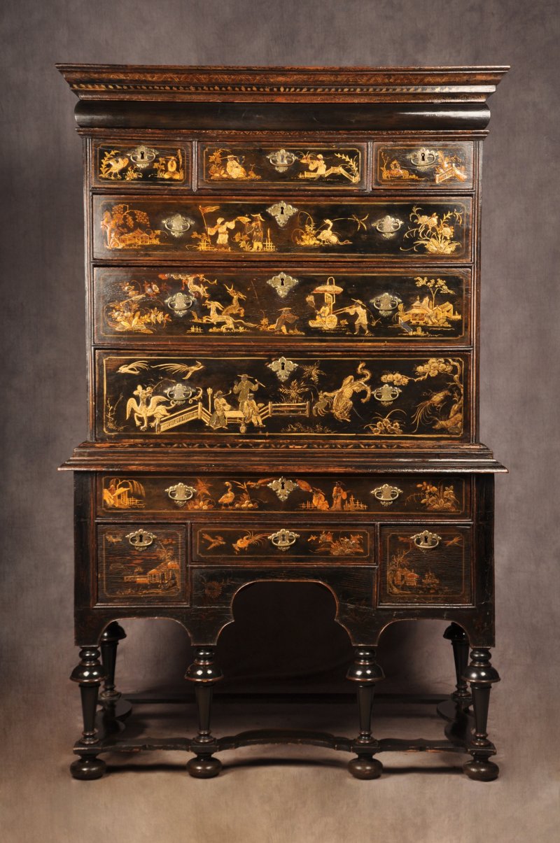 Rare Early 18th Century Chinoiserie-japanned Chest On Stand