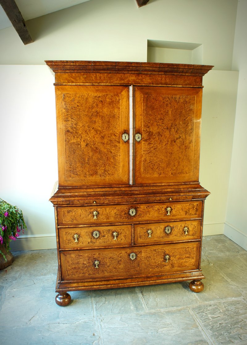 William And Mary Burr Amboyna Cabinet On Chest.