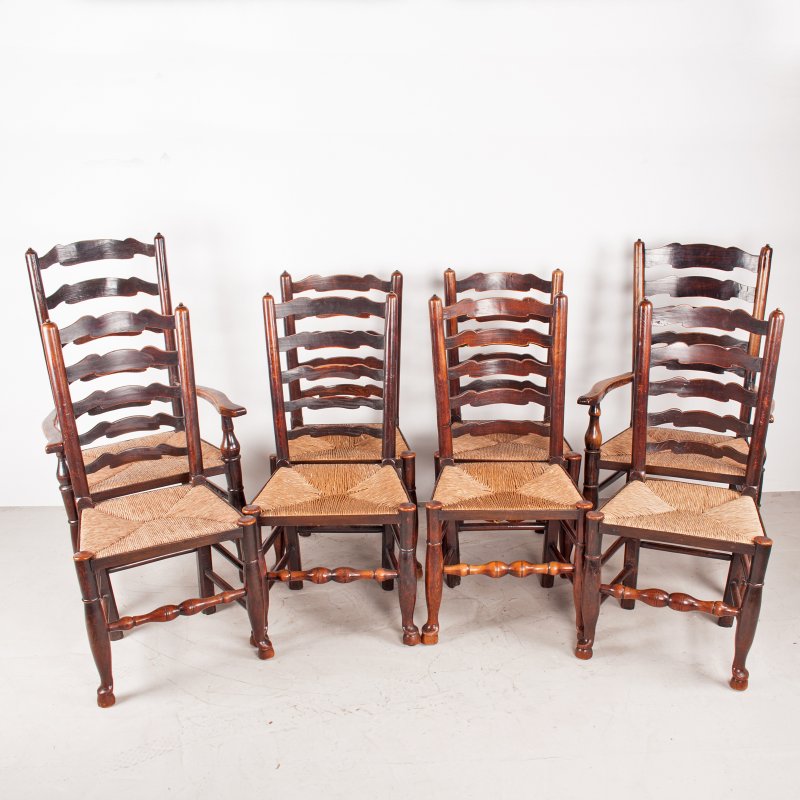 Set of 8 (6+2) 19thC Farmhouse Rush Seated Ladderback Chairs