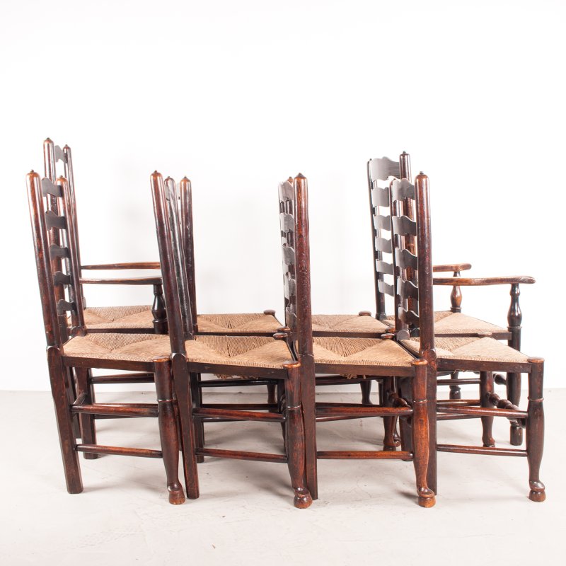 Set of 8 (6+2) 19thC Farmhouse Rush Seated Ladderback Chairs - Image 3