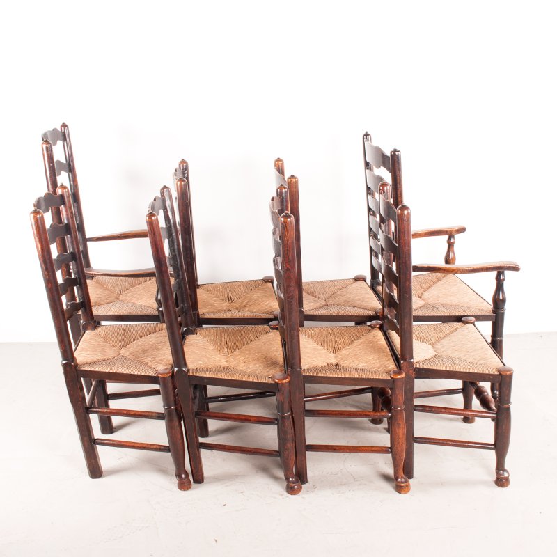 Set of 8 (6+2) 19thC Farmhouse Rush Seated Ladderback Chairs - Image 2