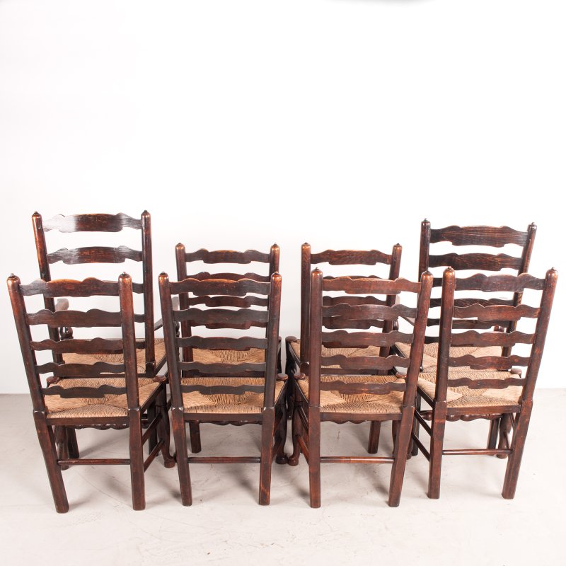 Set of 8 (6+2) 19thC Farmhouse Rush Seated Ladderback Chairs - Image 4