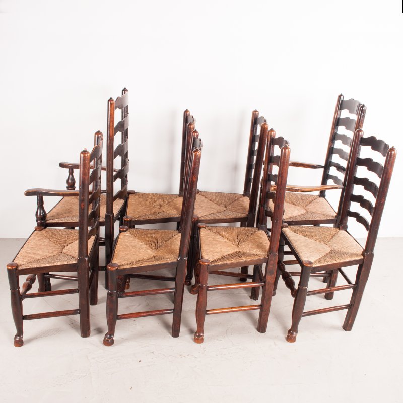 Set of 8 (6+2) 19thC Farmhouse Rush Seated Ladderback Chairs - Image 5