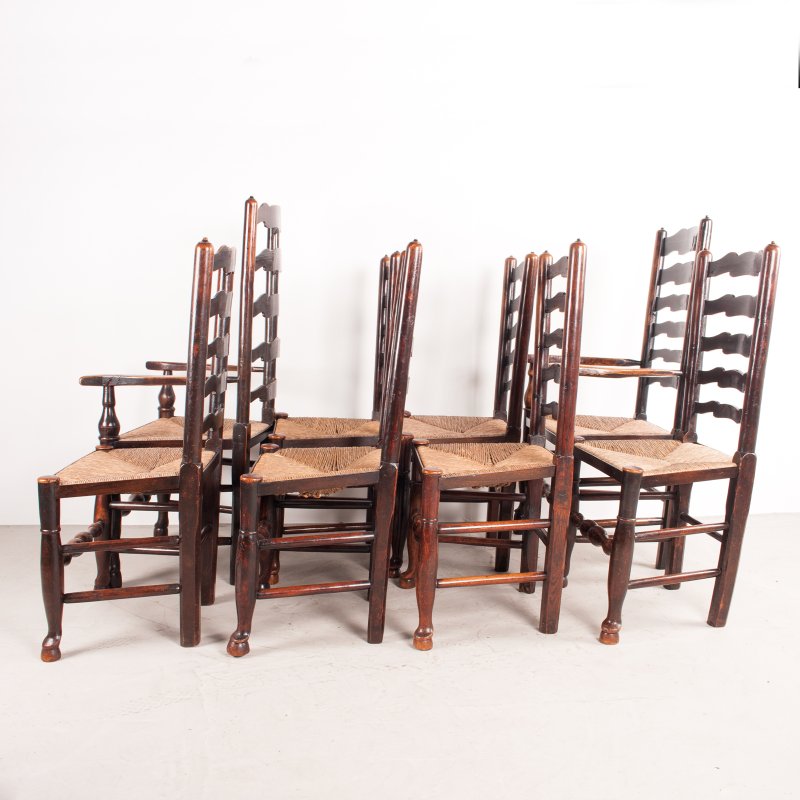 Set of 8 (6+2) 19thC Farmhouse Rush Seated Ladderback Chairs - Image 6