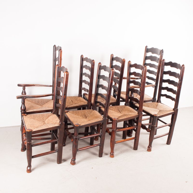 Set of 8 (6+2) 19thC Farmhouse Rush Seated Ladderback Chairs - Image 7