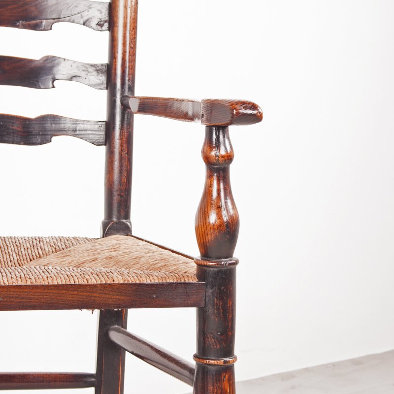 Set of 8 (6+2) 19thC Farmhouse Rush Seated Ladderback Chairs - Image 12