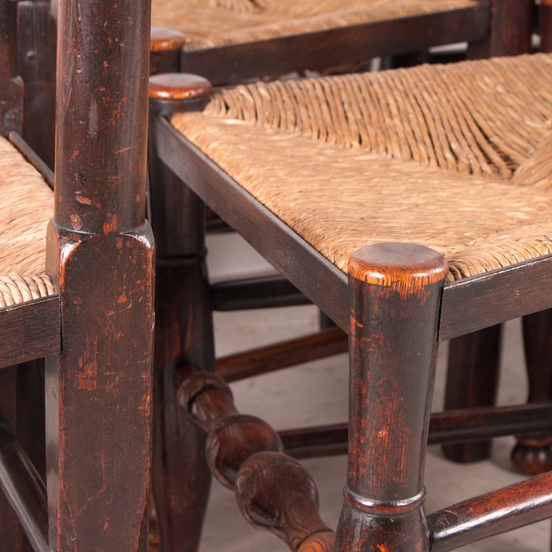 Set of 8 (6+2) 19thC Farmhouse Rush Seated Ladderback Chairs - Image 8
