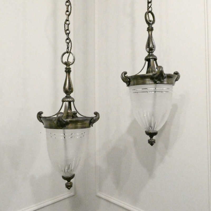 Pair of Art Nouveau Bronze Pendant Lanterns Attributed to F&C Osler