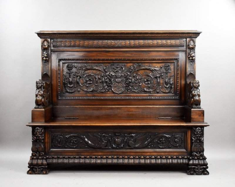 19th Century Carved Oak Hall Bench