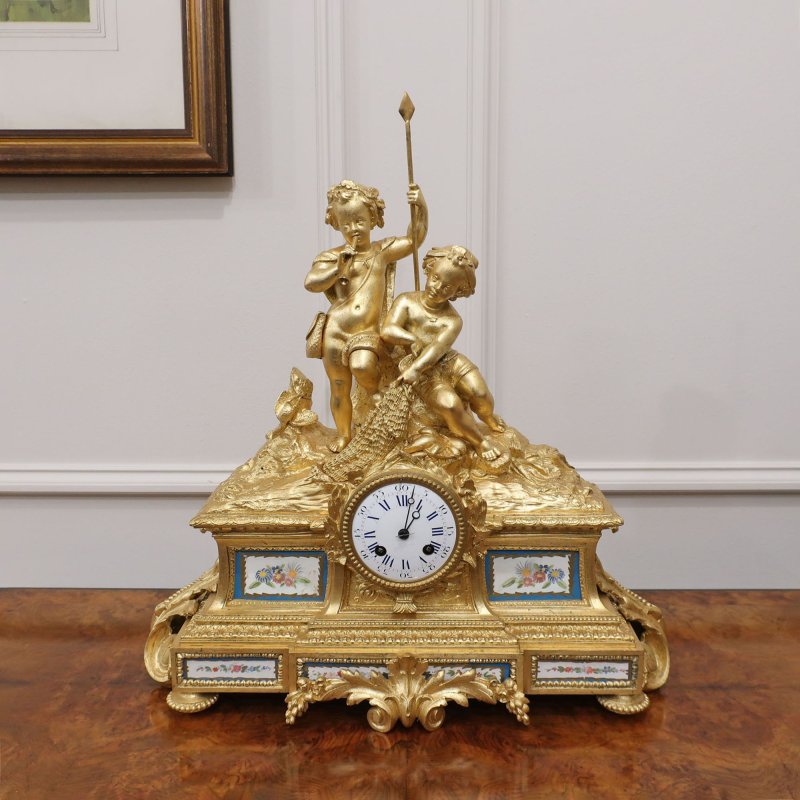 French 19th Century Gilt Bronze & Porcelain Mantel Clock