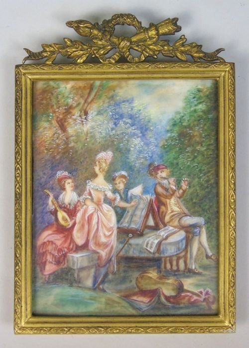 Beautiful Miniature Painting Musicians In Woodland After Boucher