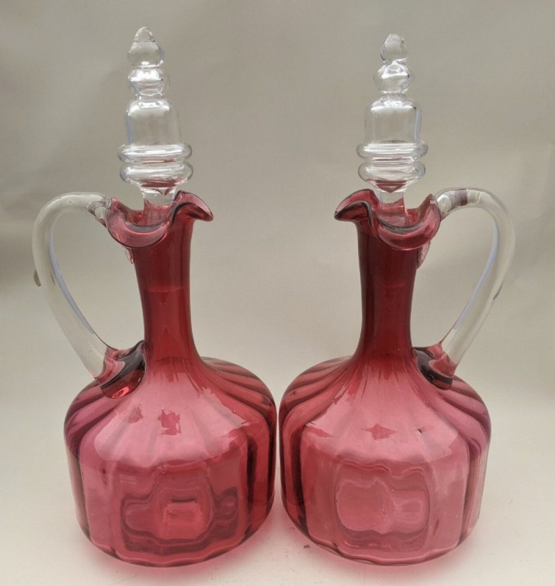 Pair Of Antique Cranberry Glass Decanters